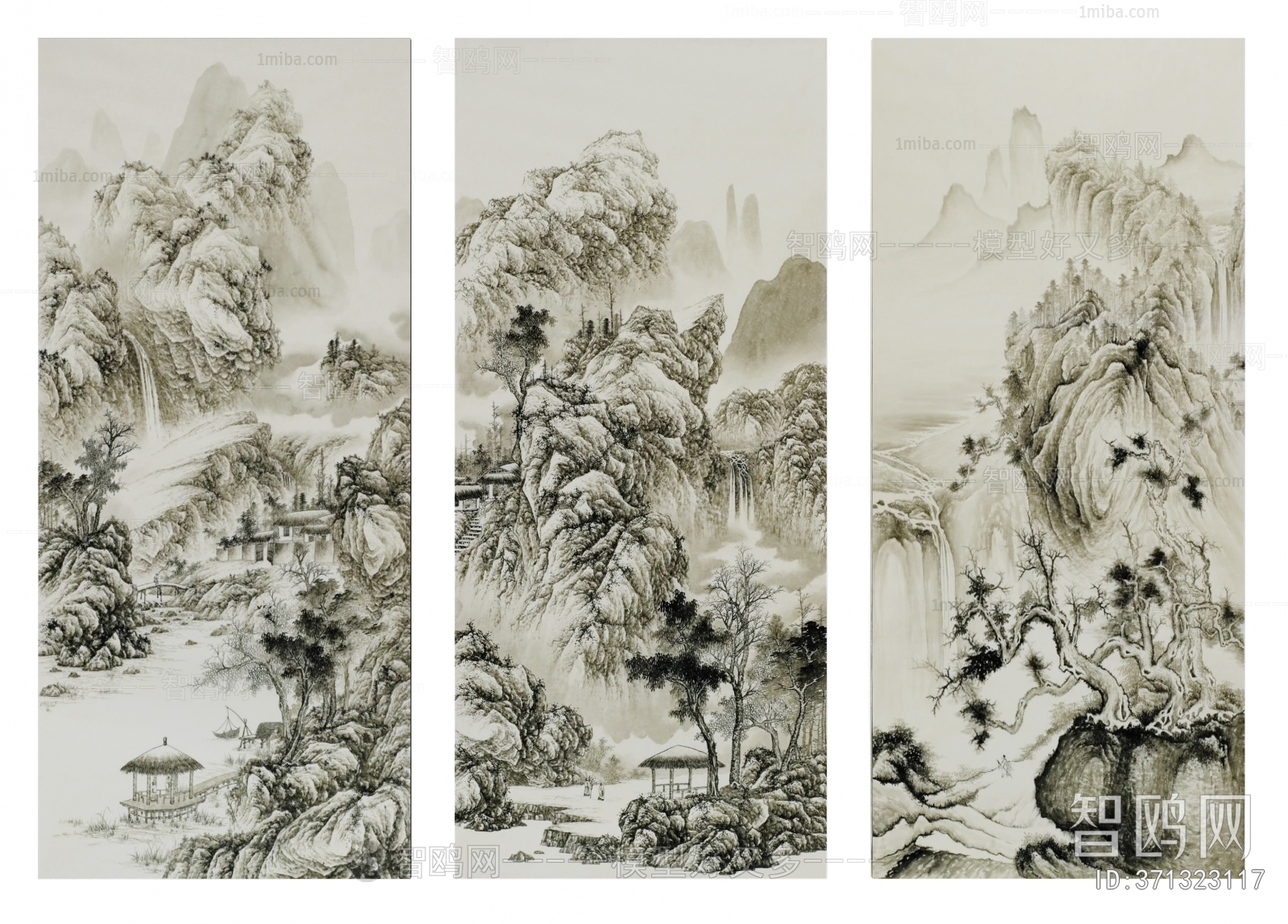 新中式山水风景三拼画