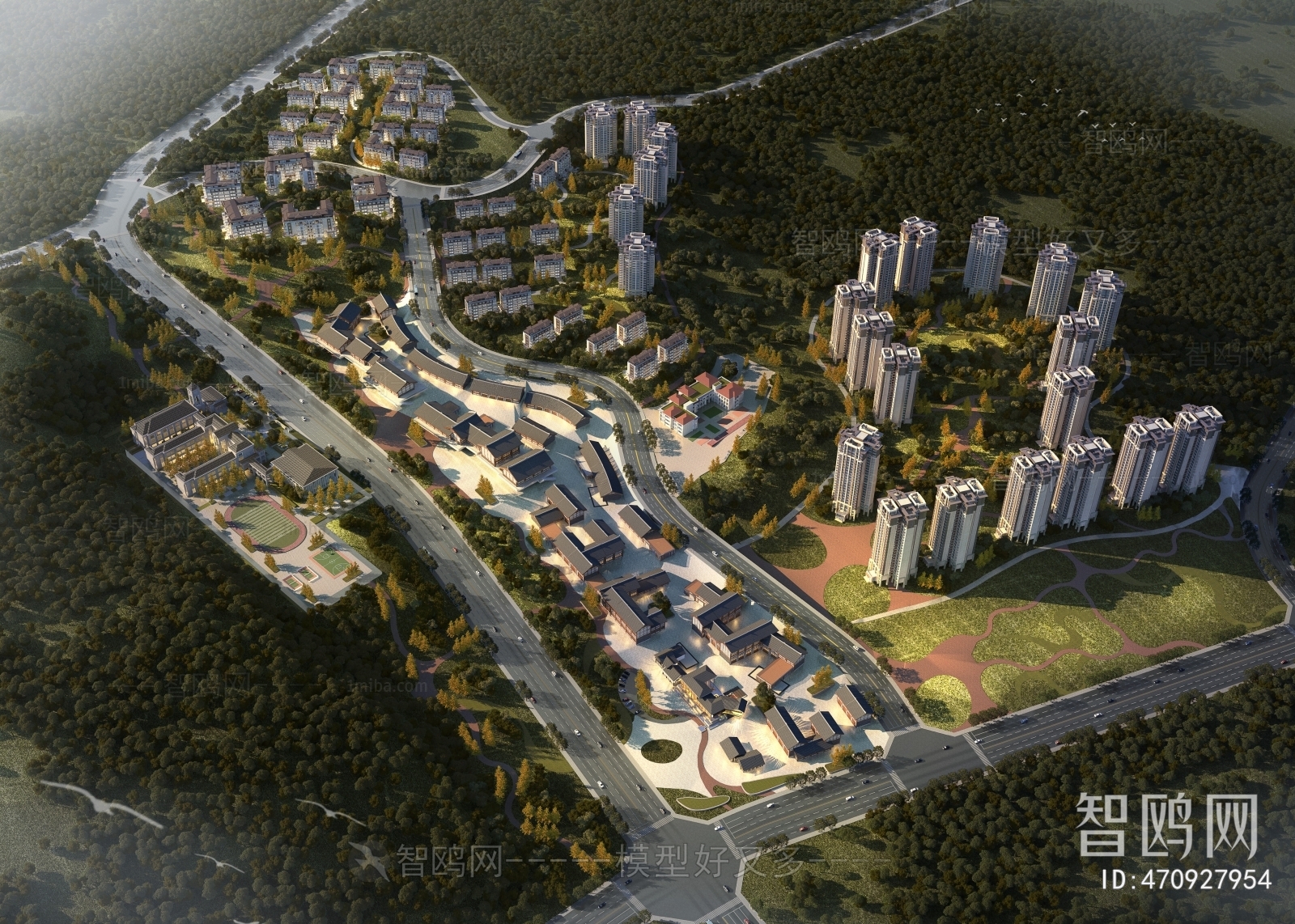 New Chinese Style Architectural Bird's-eye View Planning