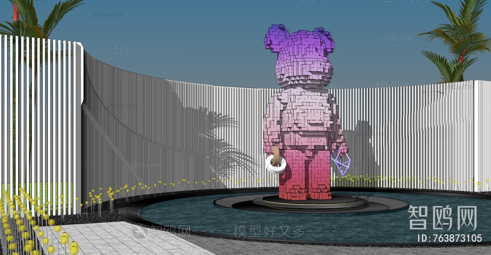 现代渐变方格马赛克熊雕塑3D模型下载