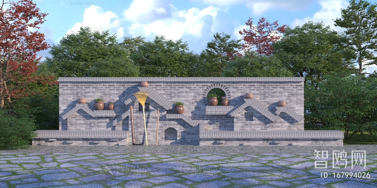 新中式乡村青砖瓦片景墙