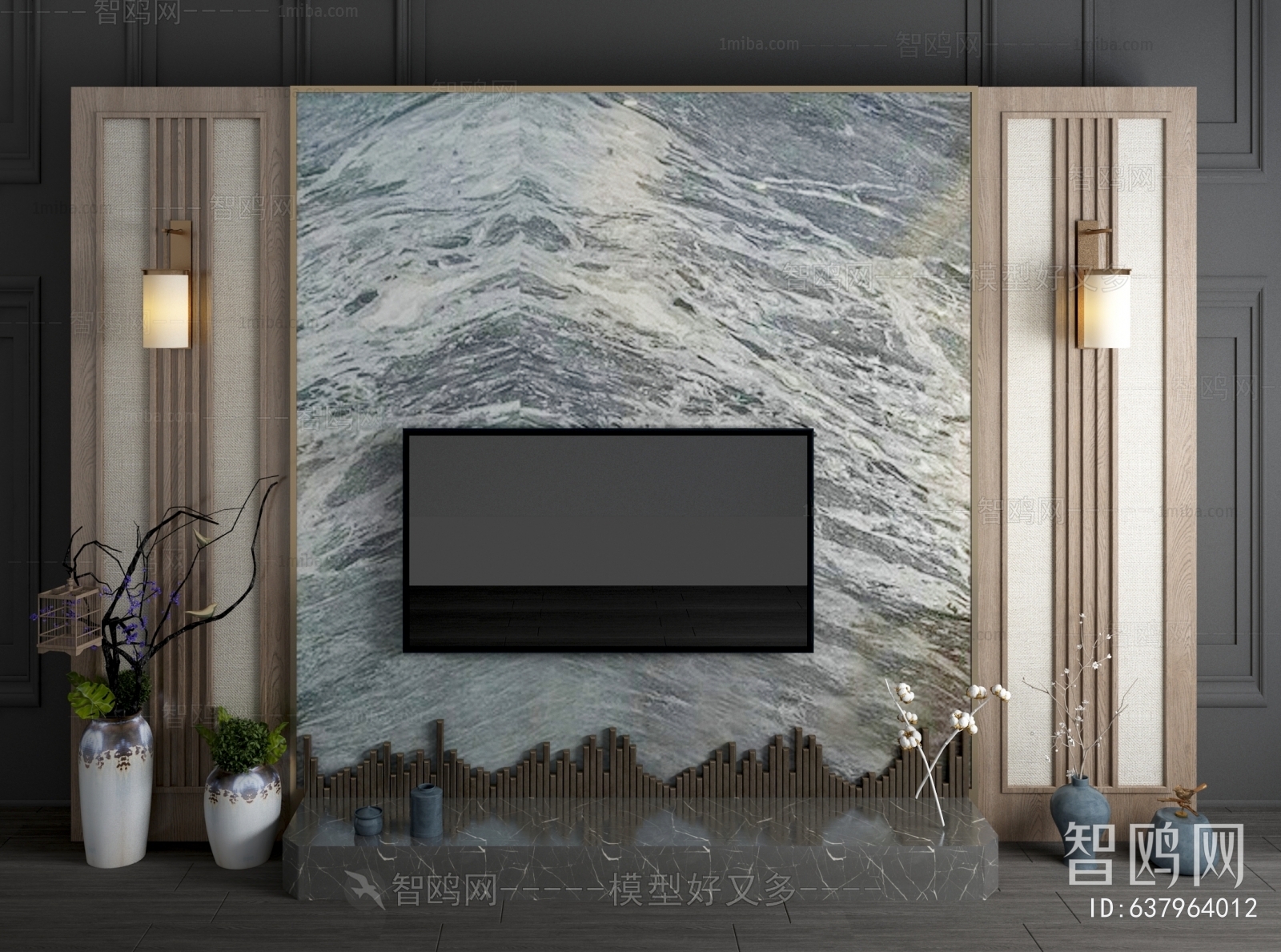 新中式大理石电视背景墙