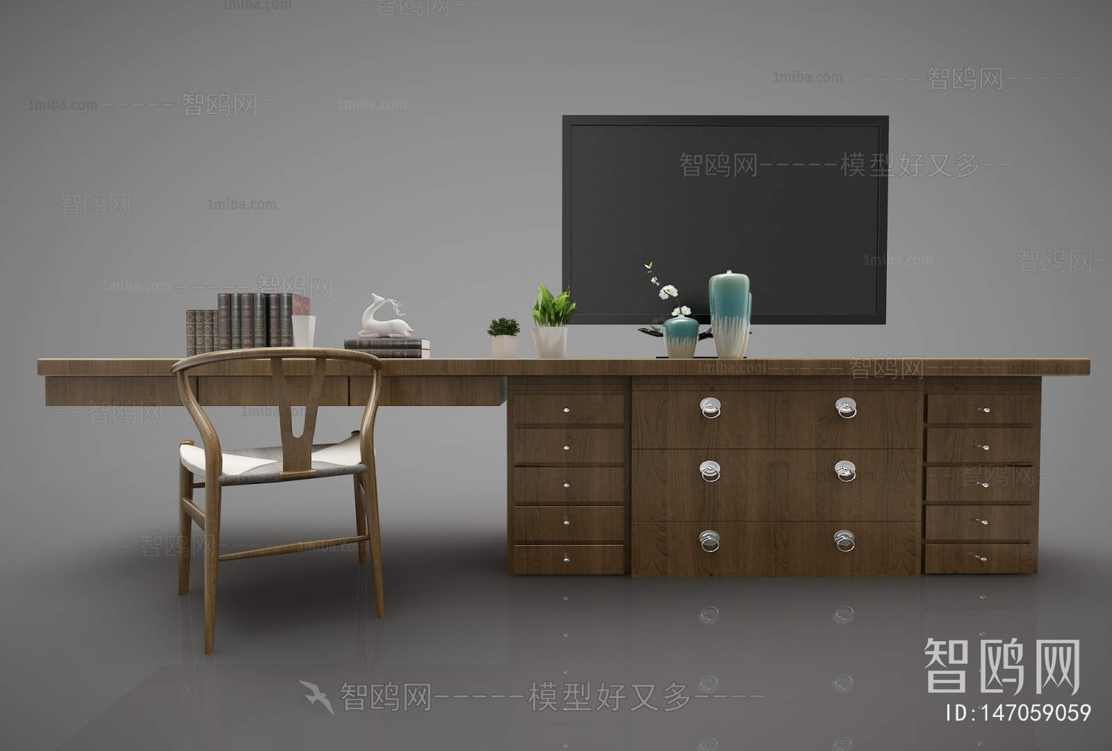 新中式书桌椅电视柜一体