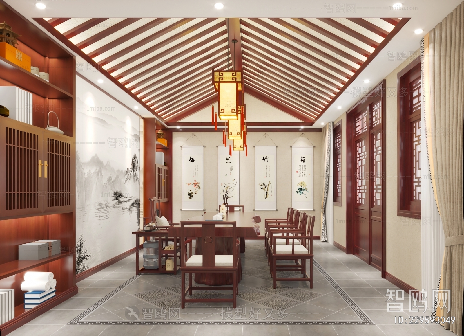 多场景-中式中堂会客厅+茶室+餐厅