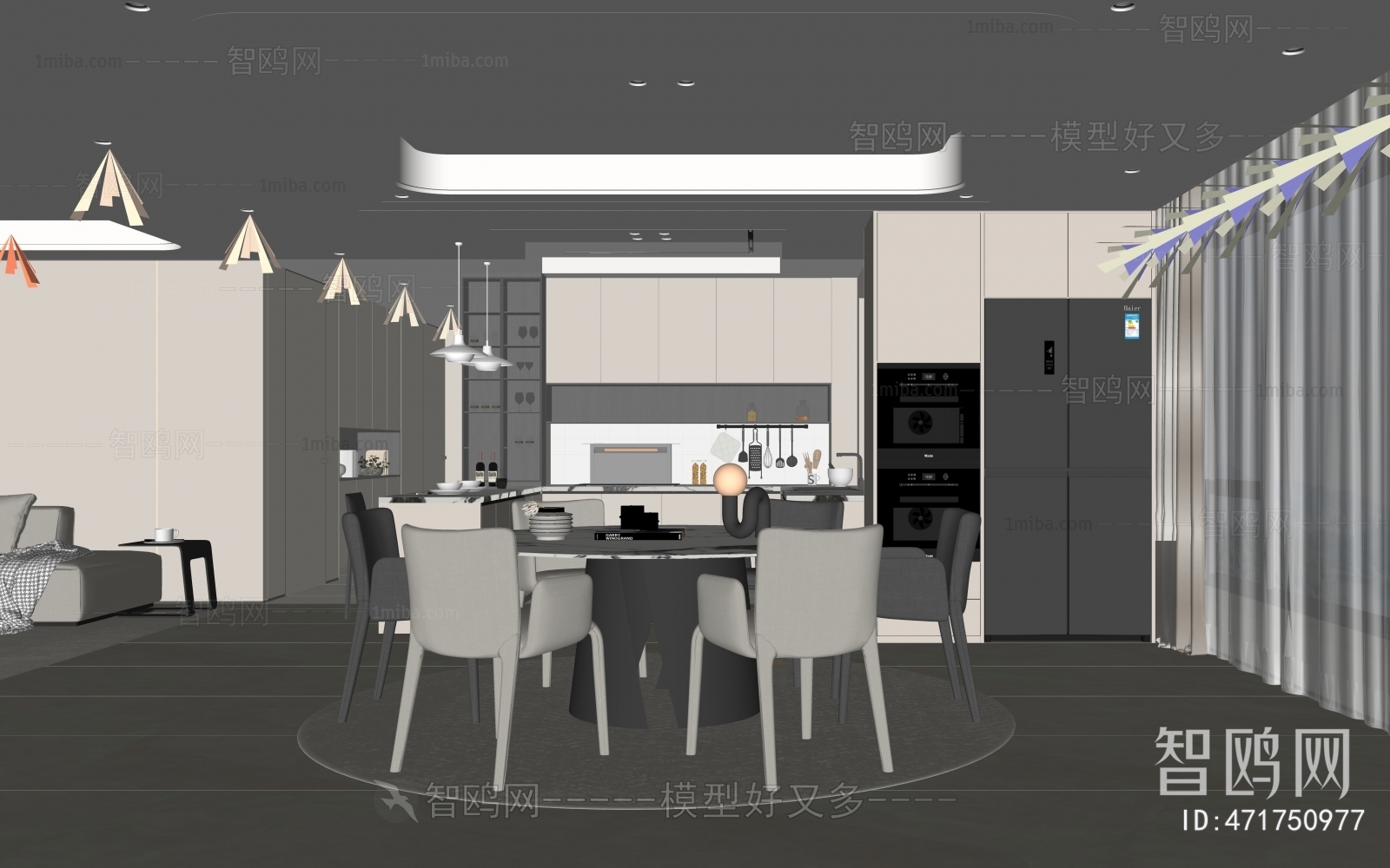 多场景-现代客厅+敞开式厨房餐厅