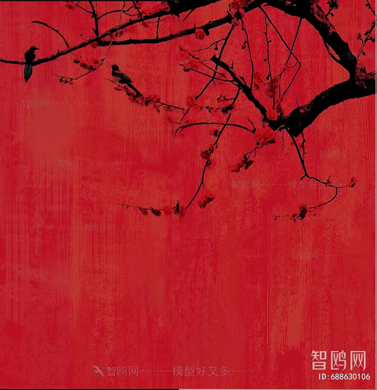 新中式中国红花鸟壁画