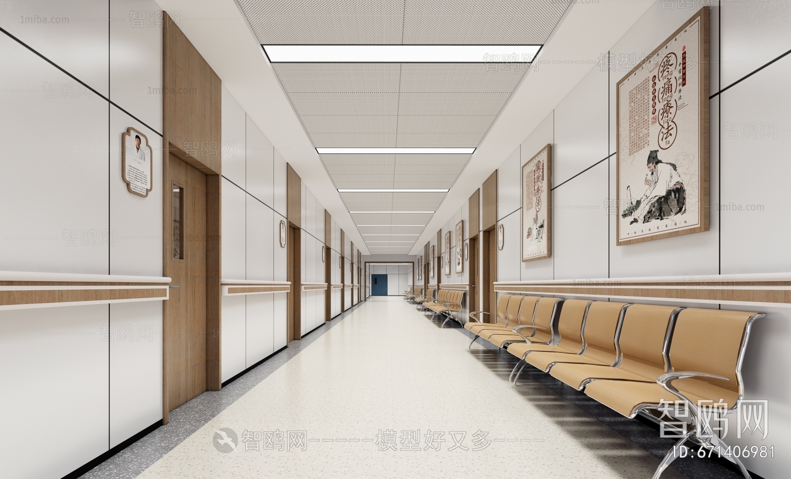 新中式医院走廊 等候座椅
