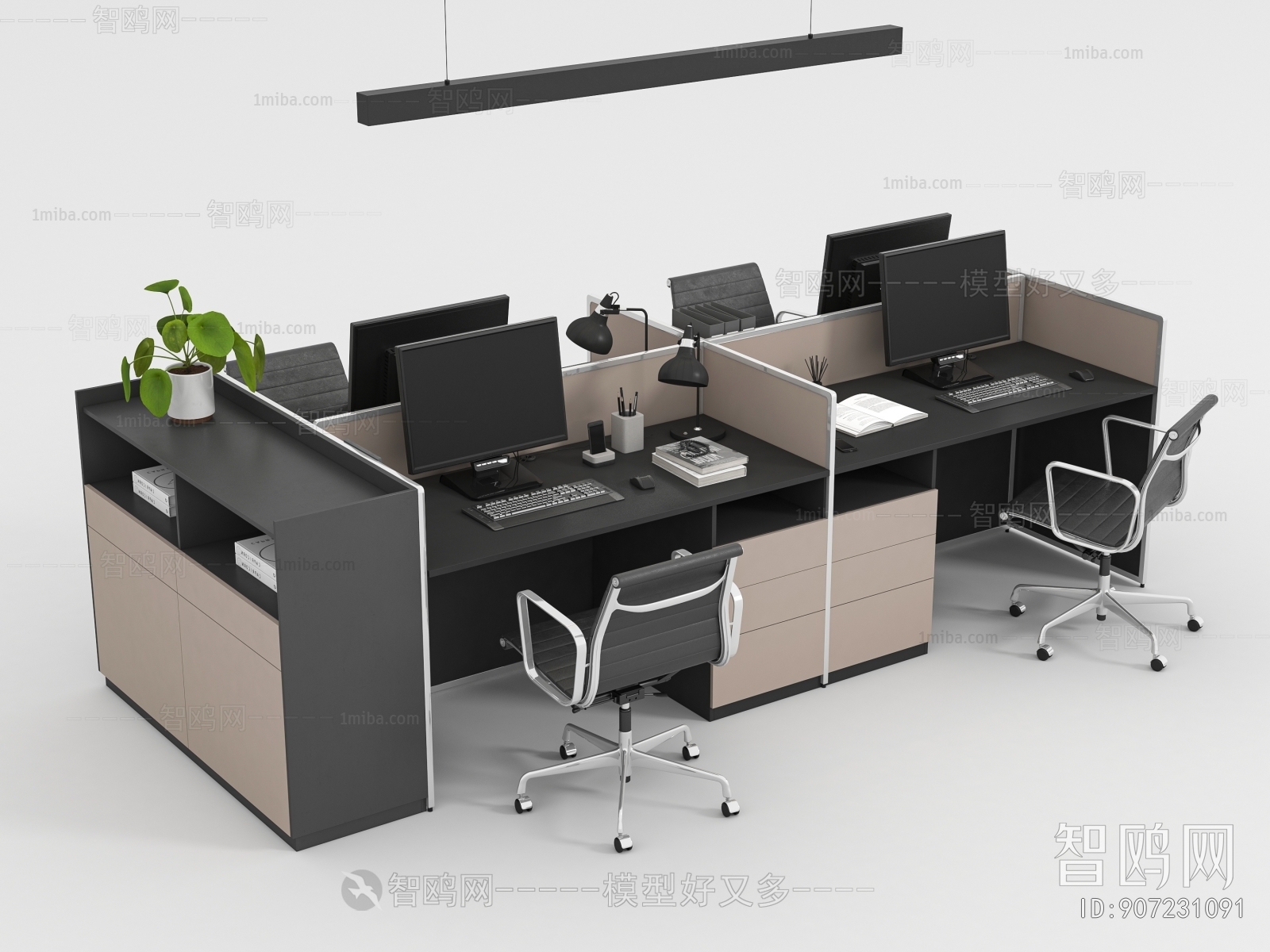 现代办公桌椅组合3D模型下载