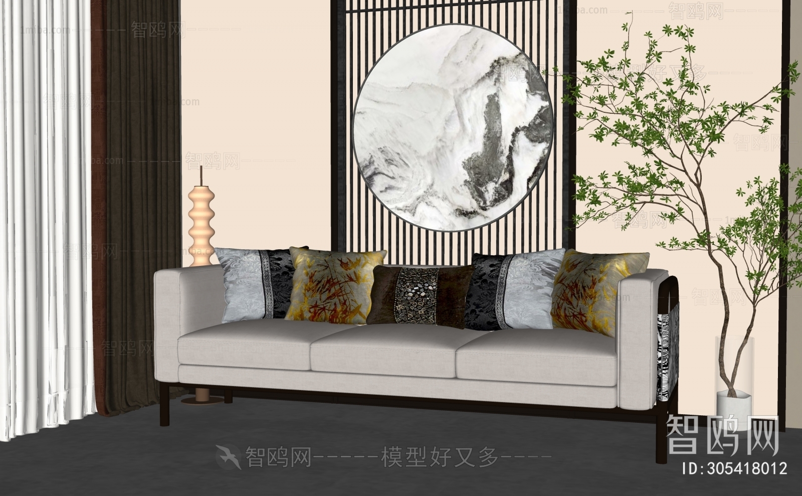 New Chinese Style Three-seat Sofa