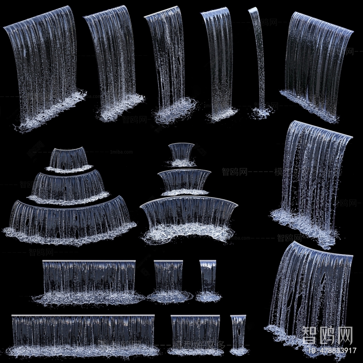 现代流水瀑布3D模型下载