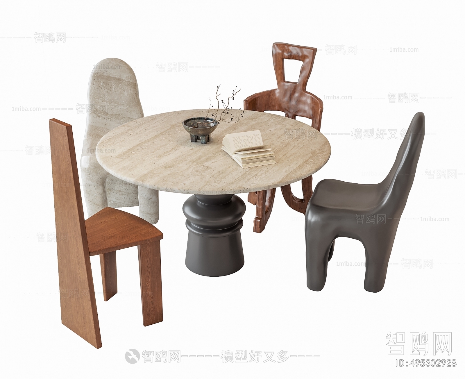 现代中古风圆形餐桌椅