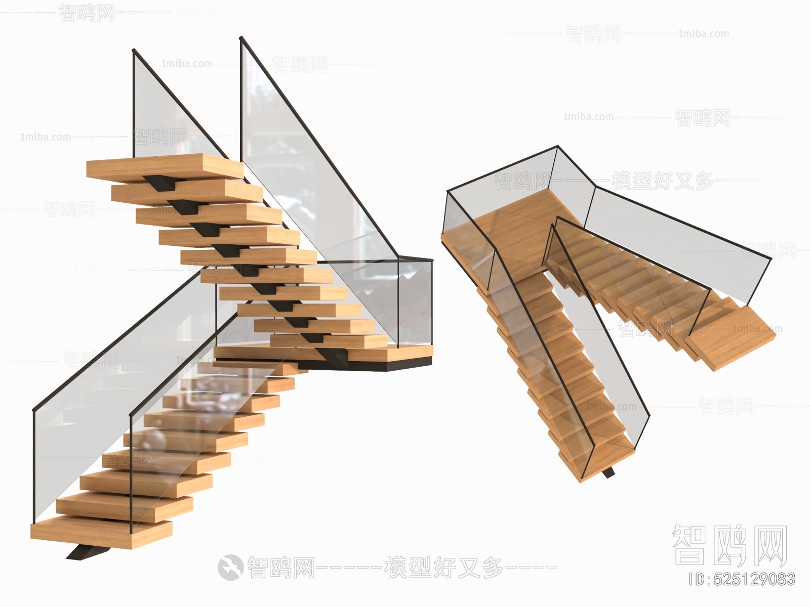 现代玻璃扶手楼梯3D模型下载