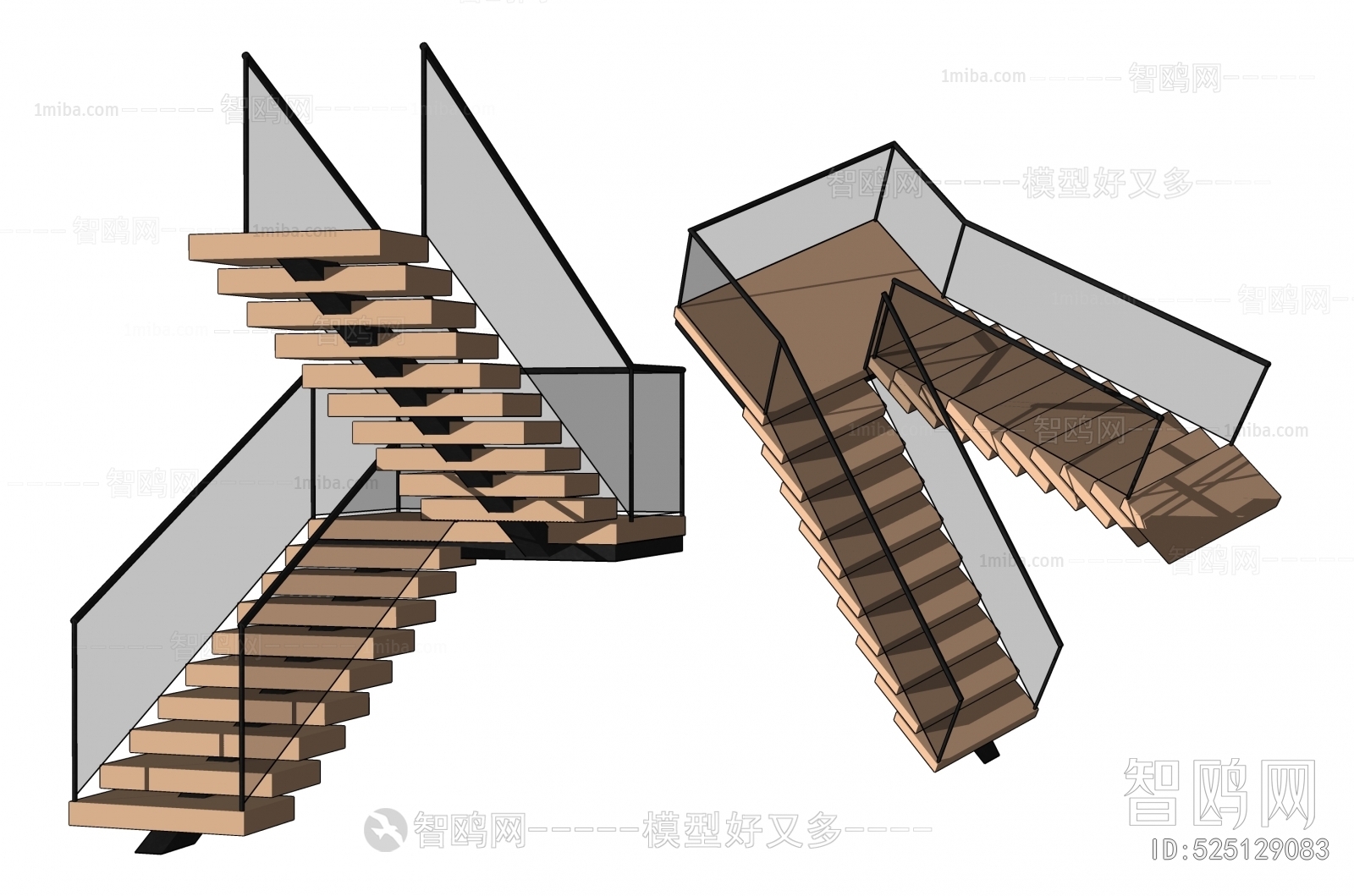 现代玻璃扶手楼梯3D模型下载