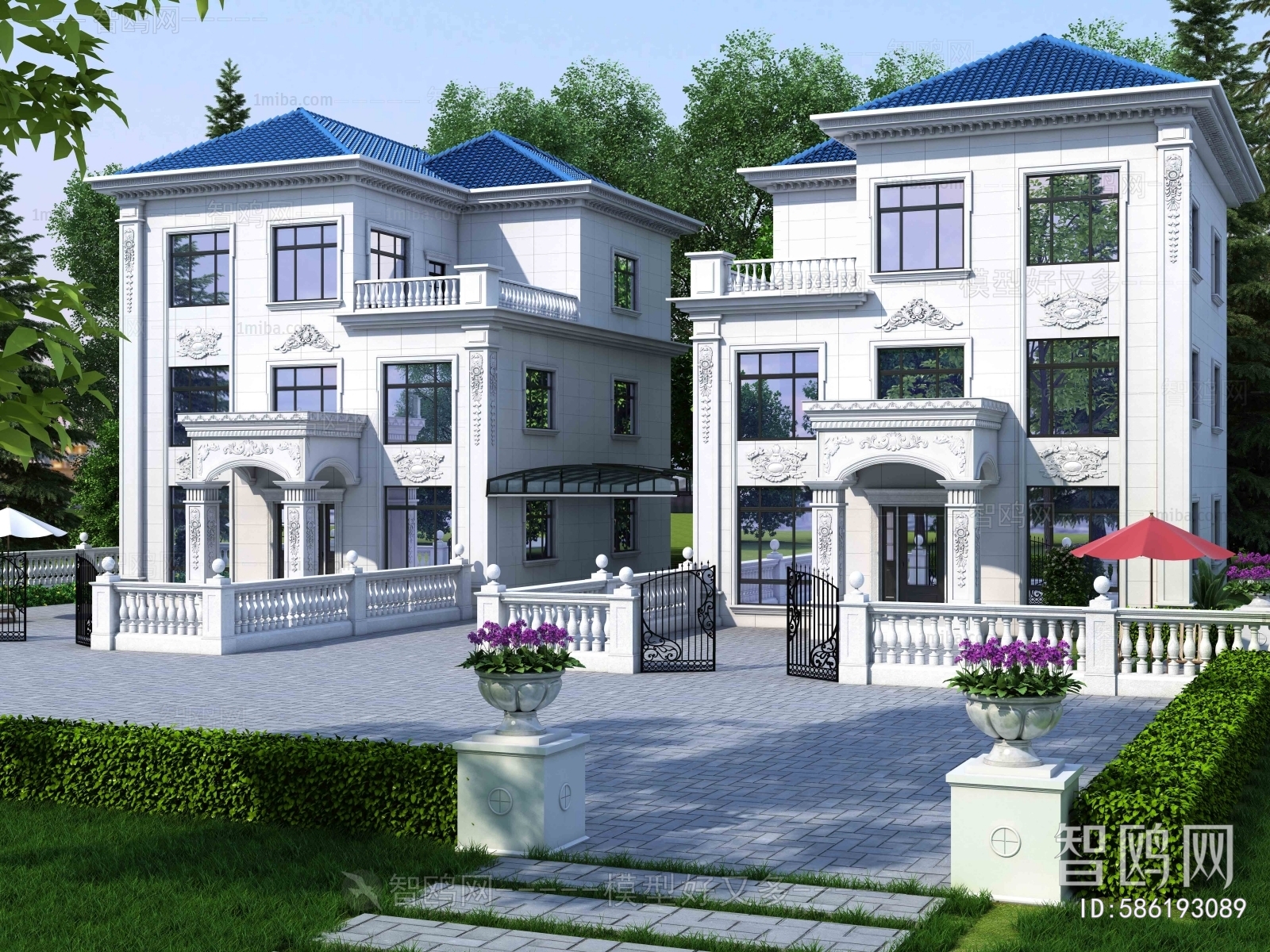 欧式双排别墅建筑外观3D模型下载