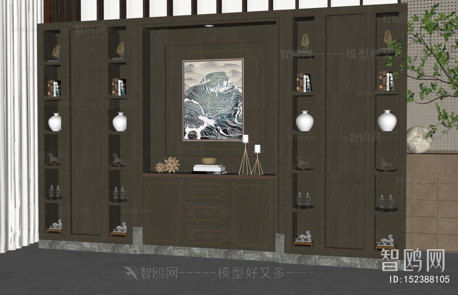 新中式装饰柜背景墙