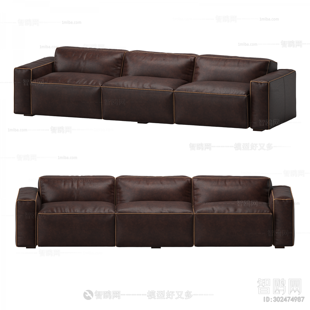 现代棕色皮革三人沙发