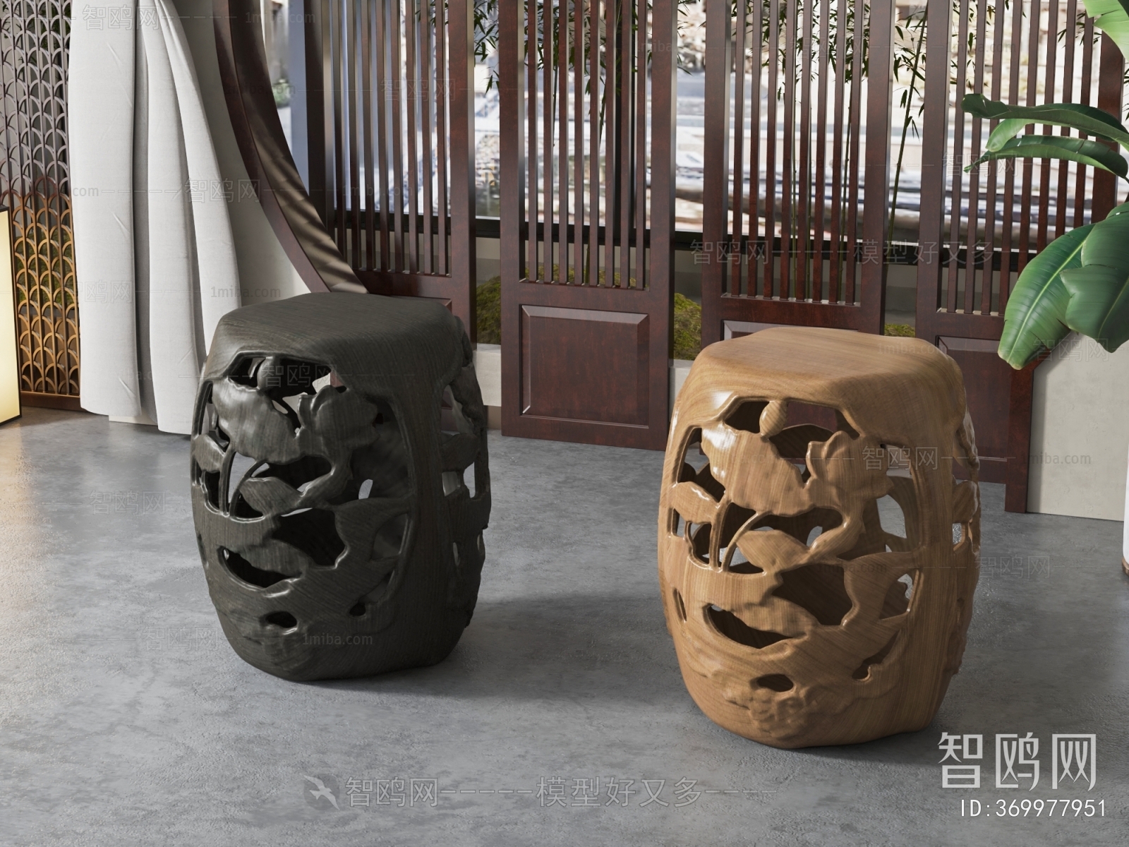 中式雕花凳子组合