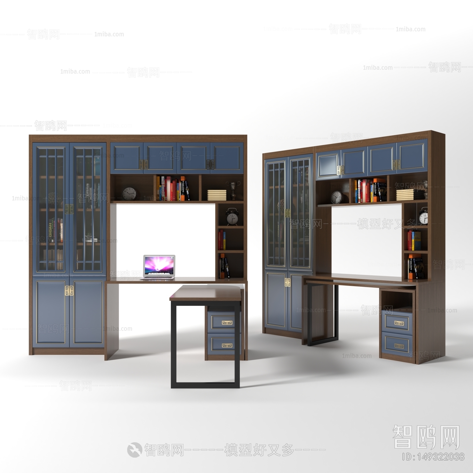 新中式书柜书桌一体组合