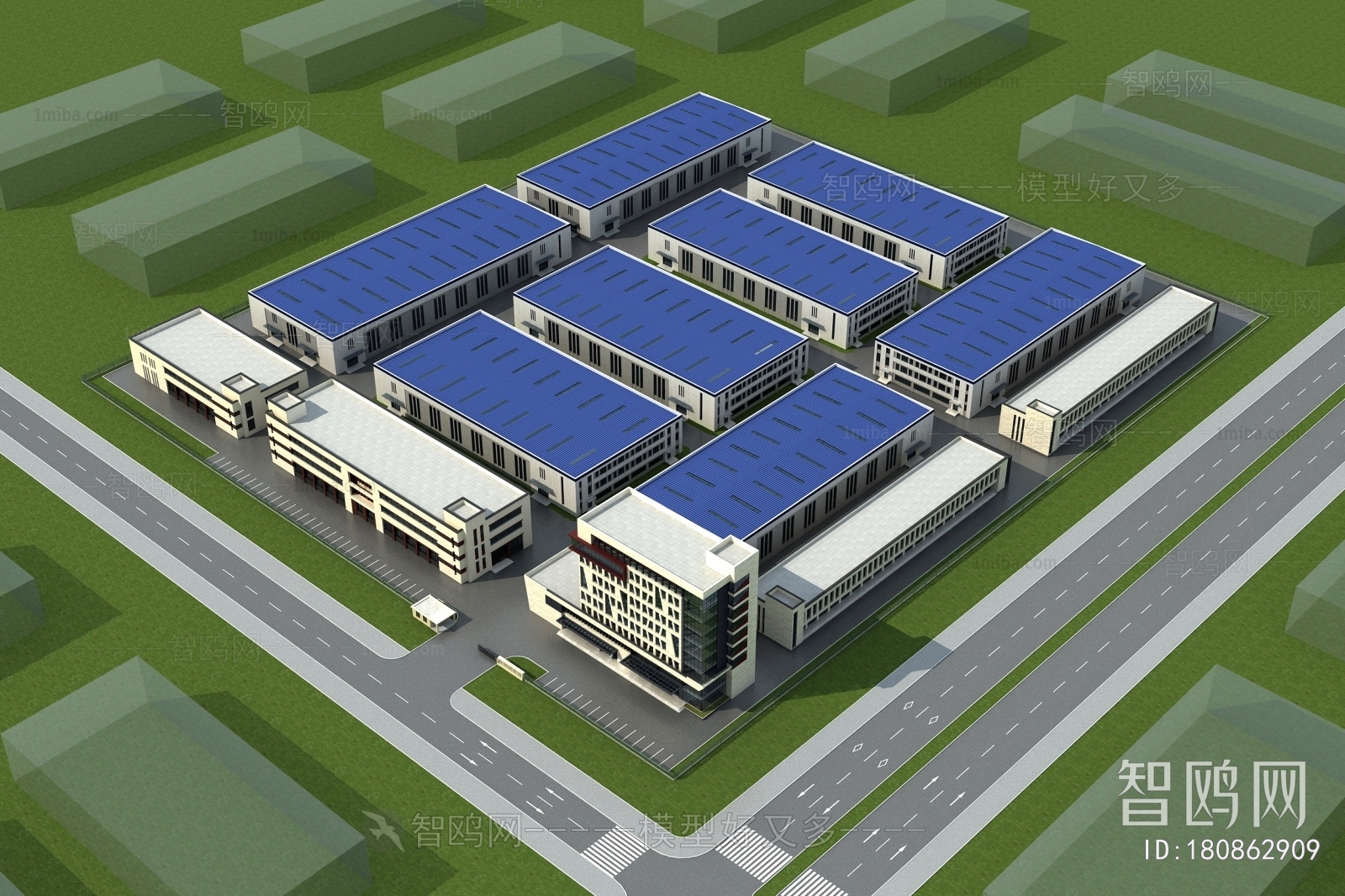 现代工业厂房鸟瞰3D模型下载