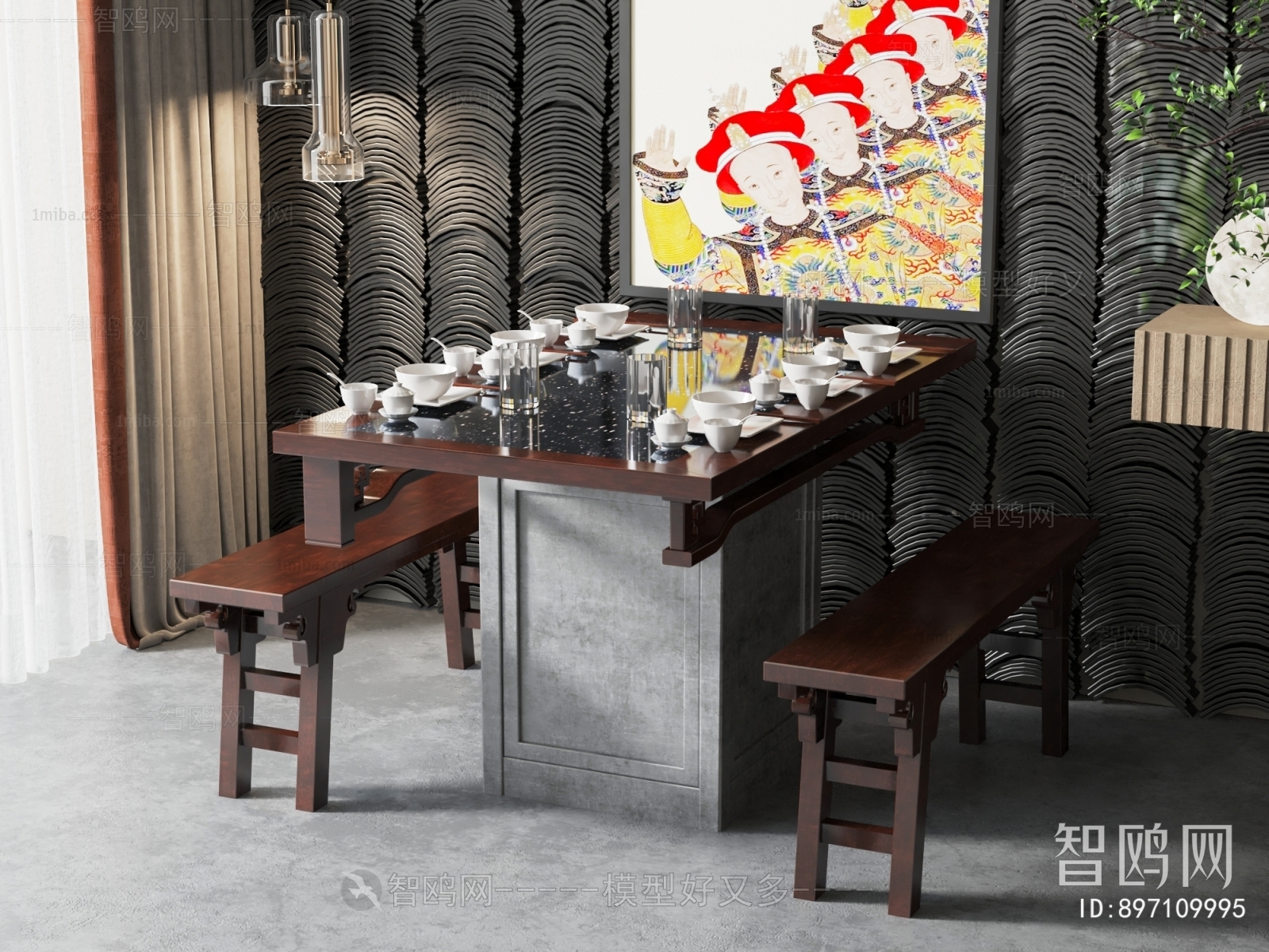 新中式火锅餐桌椅组合
