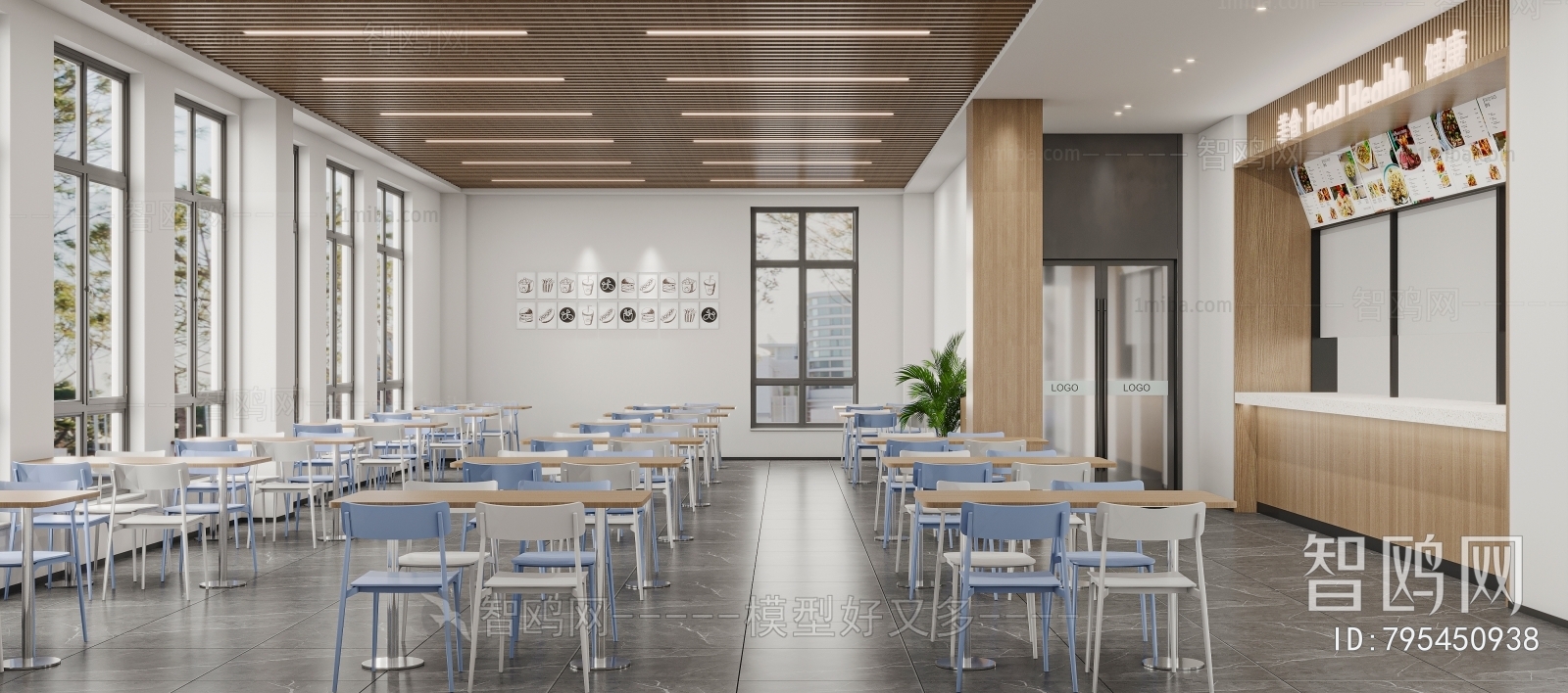 现代食堂餐厅3D模型下载