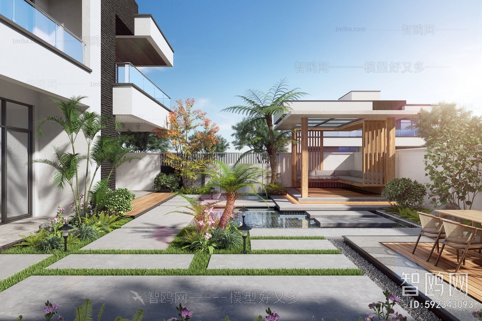 现代庭院景观3D模型下载