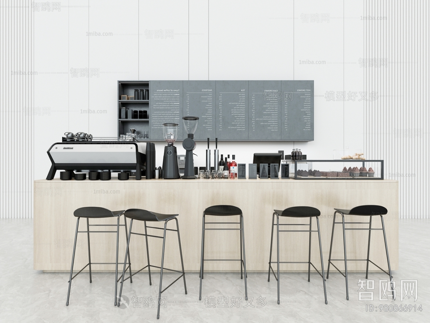 现代咖啡店操作台吧凳组合3D模型下载