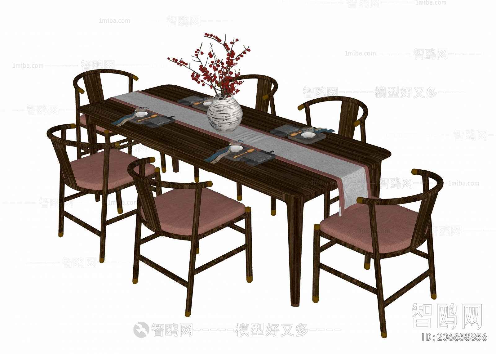 新中式方形餐桌椅3D模型下载