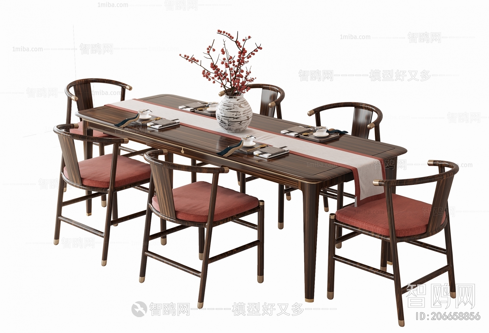 新中式方形餐桌椅3D模型下载