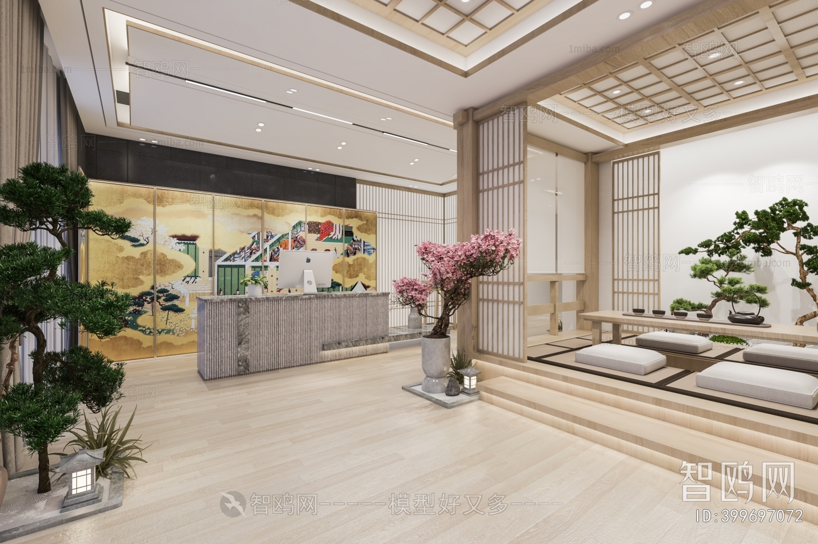 新中式办公前台大厅3D模型下载