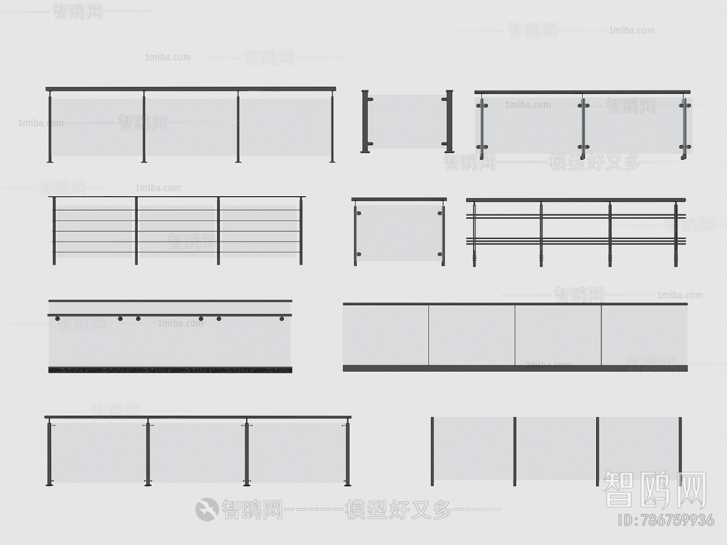 现代玻璃栏杆护栏组合3D模型下载