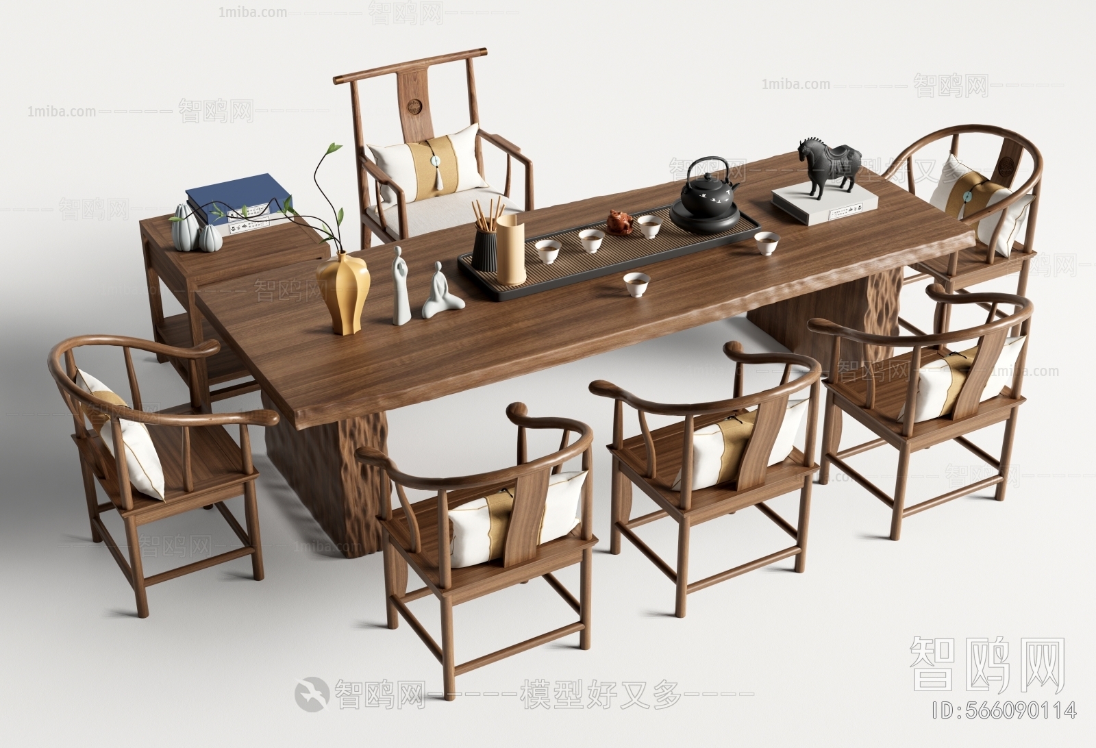 新中式原木茶桌椅3D模型下载