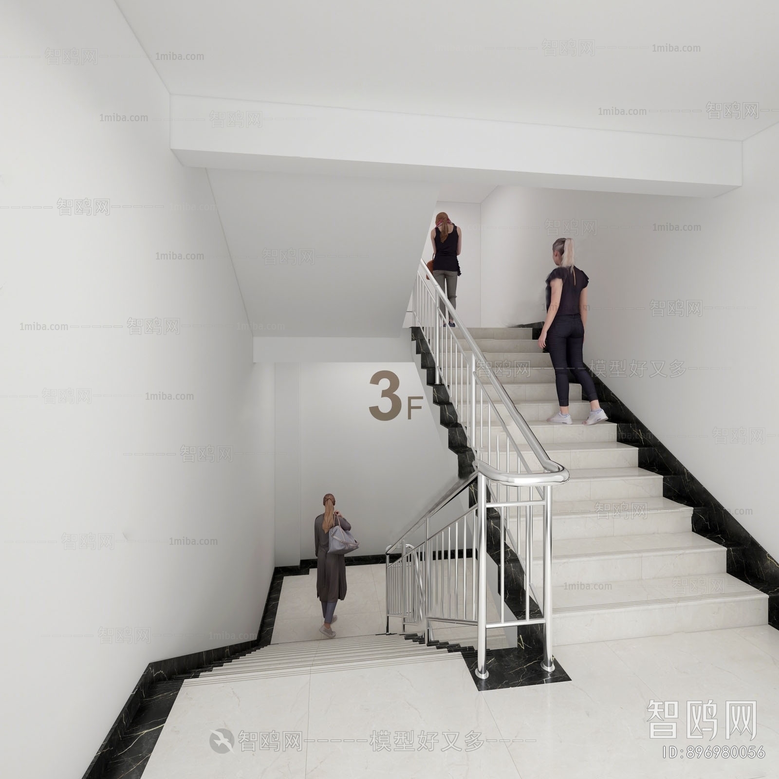 现代楼梯间扶手3D模型下载
