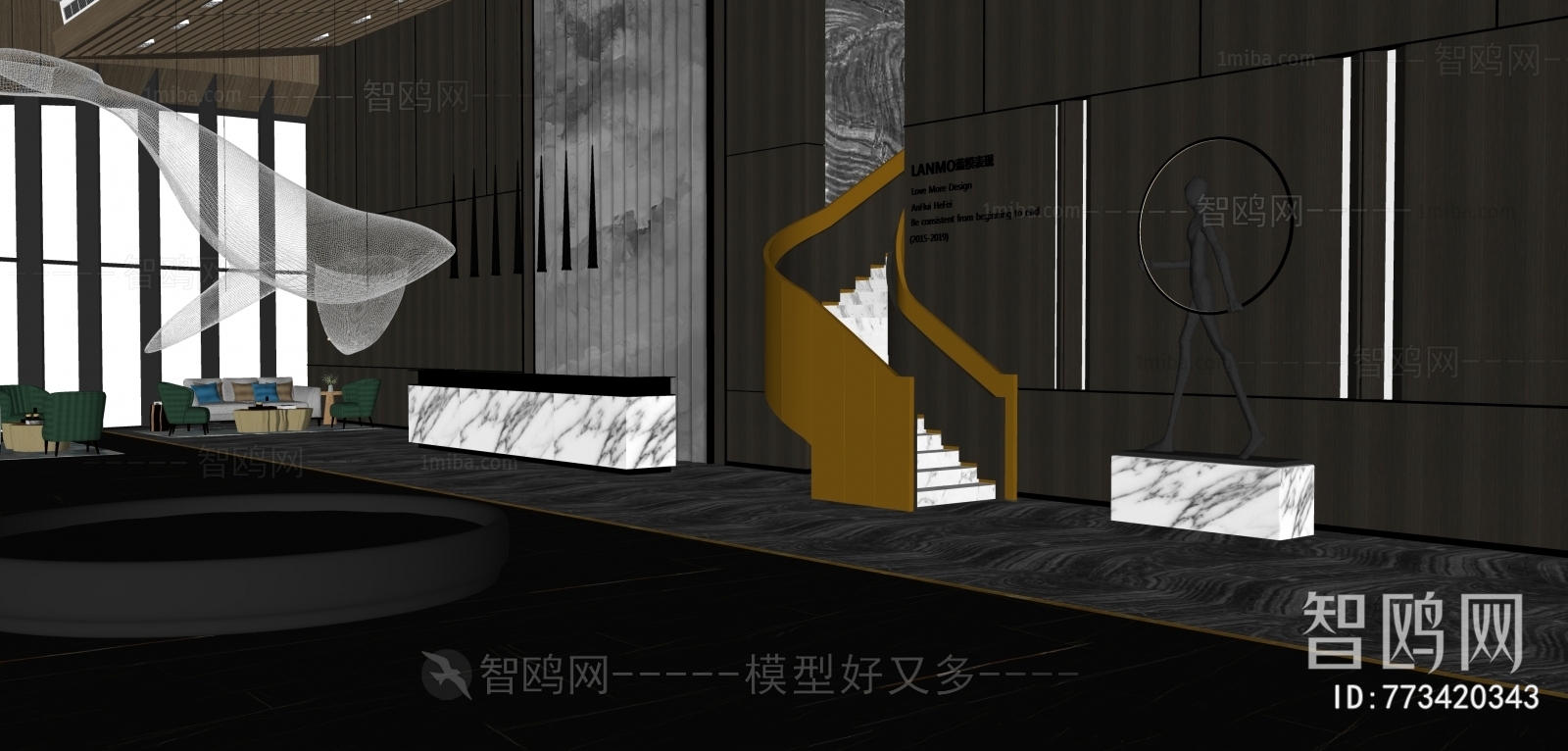 现代轻奢酒店大堂3D模型下载