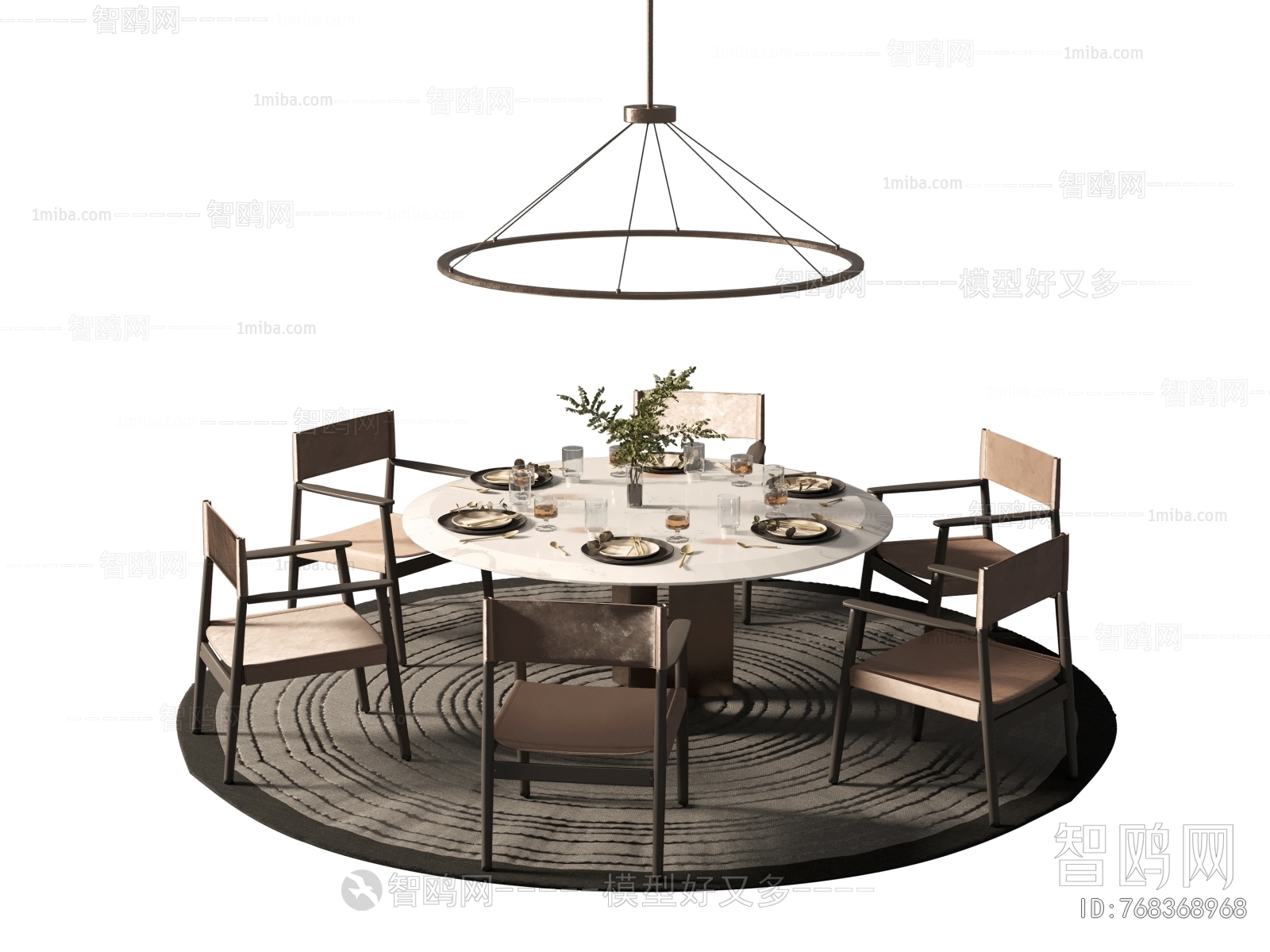 新中式圆形大理石餐桌椅