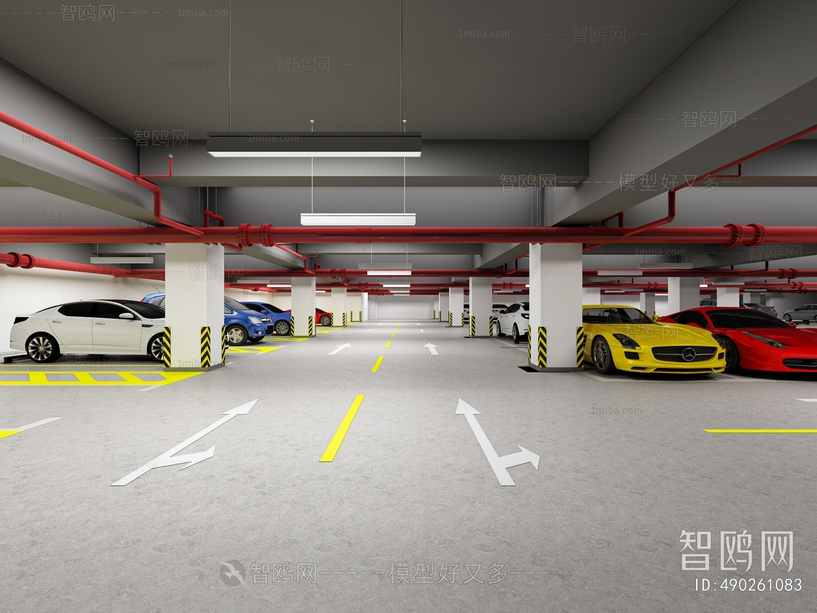 现代地下停车场3D模型下载