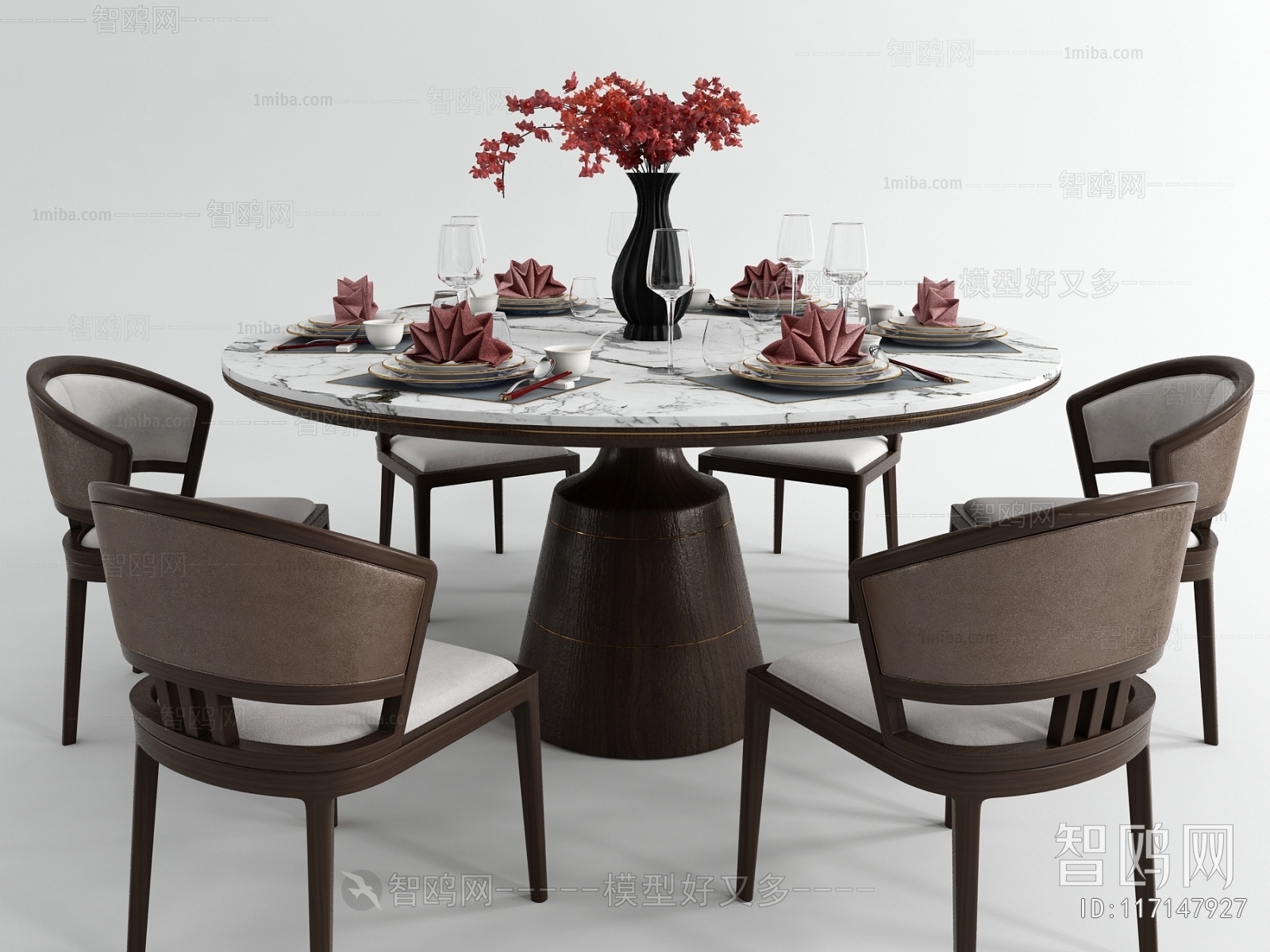 新中式圆形大理石餐桌椅