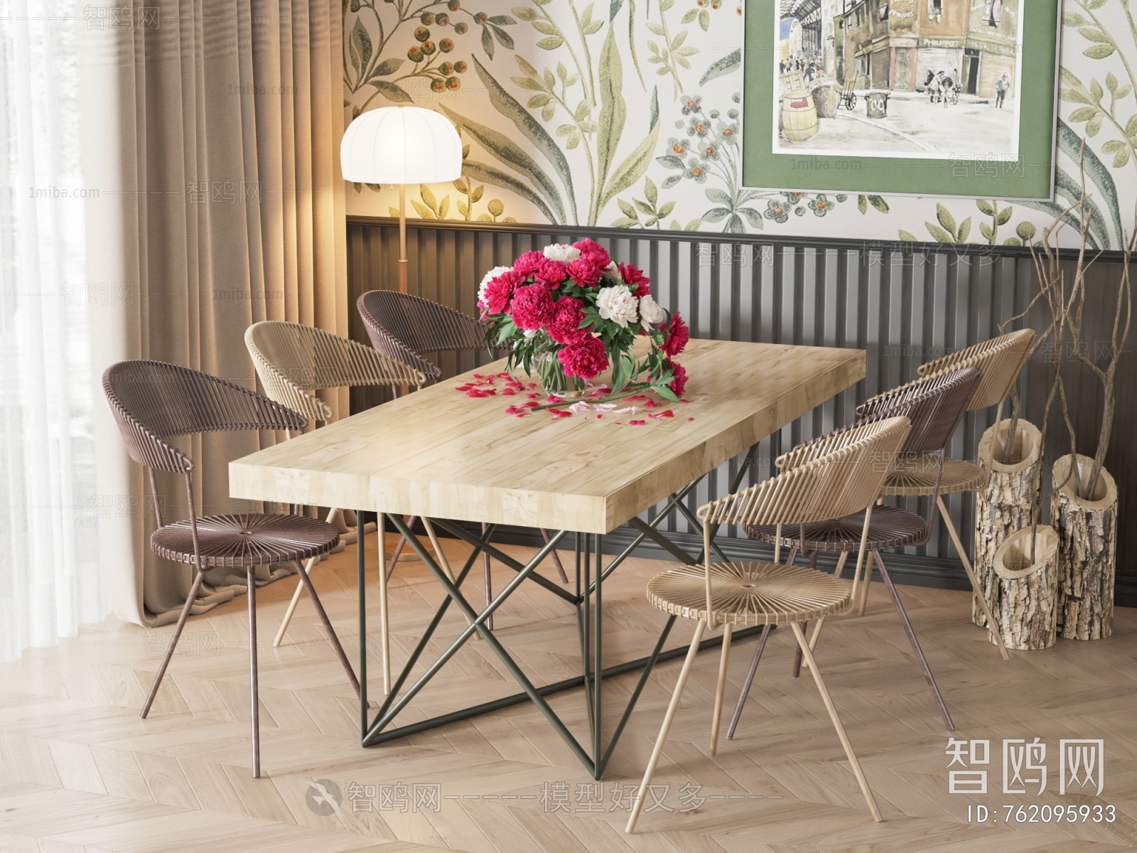 北欧方形藤编餐桌椅