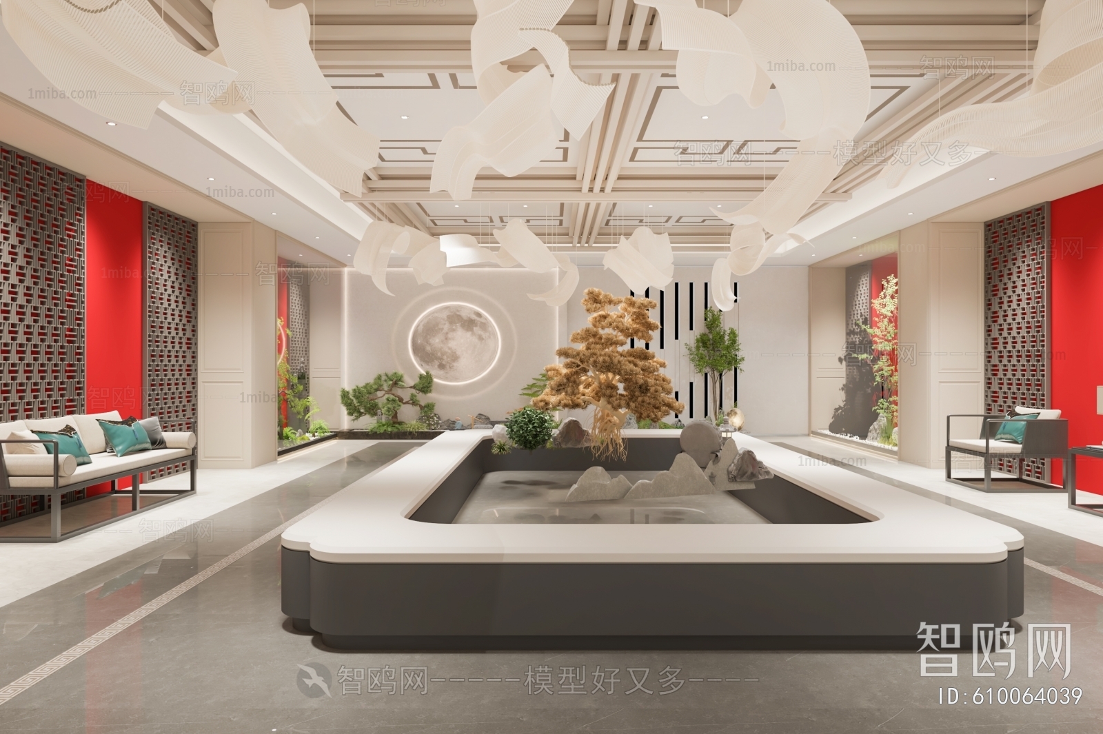 新中式酒店大堂3D模型下载