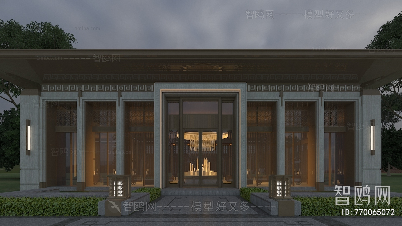 新中式别墅外观3D模型下载