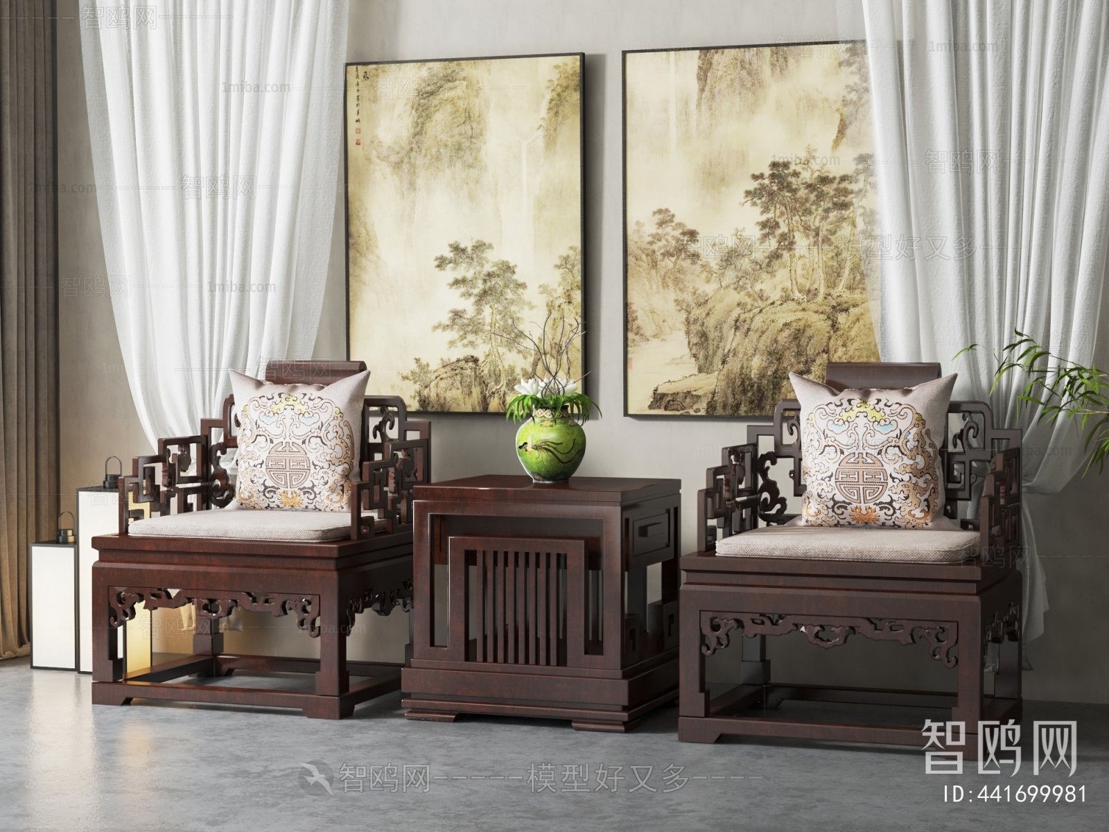 中式雕花单人沙发组合