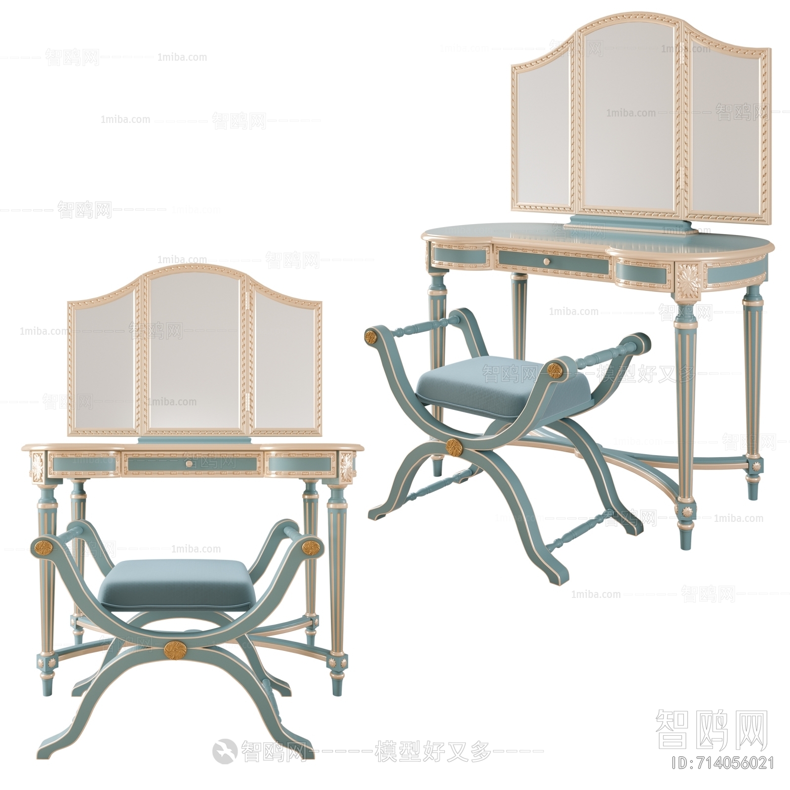美式梳妆台 凳子3D模型下载