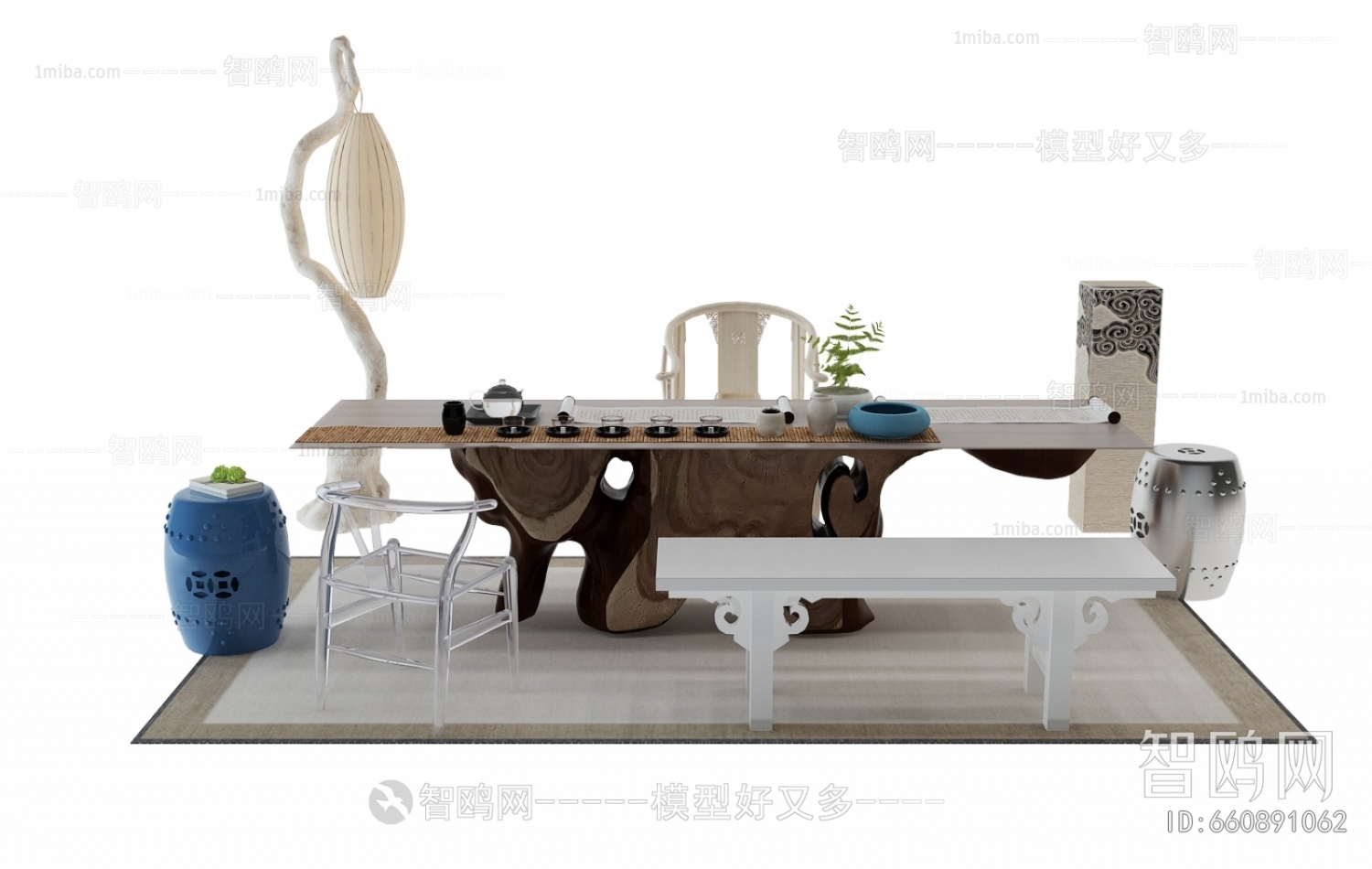 新中式茶桌椅落地灯组合