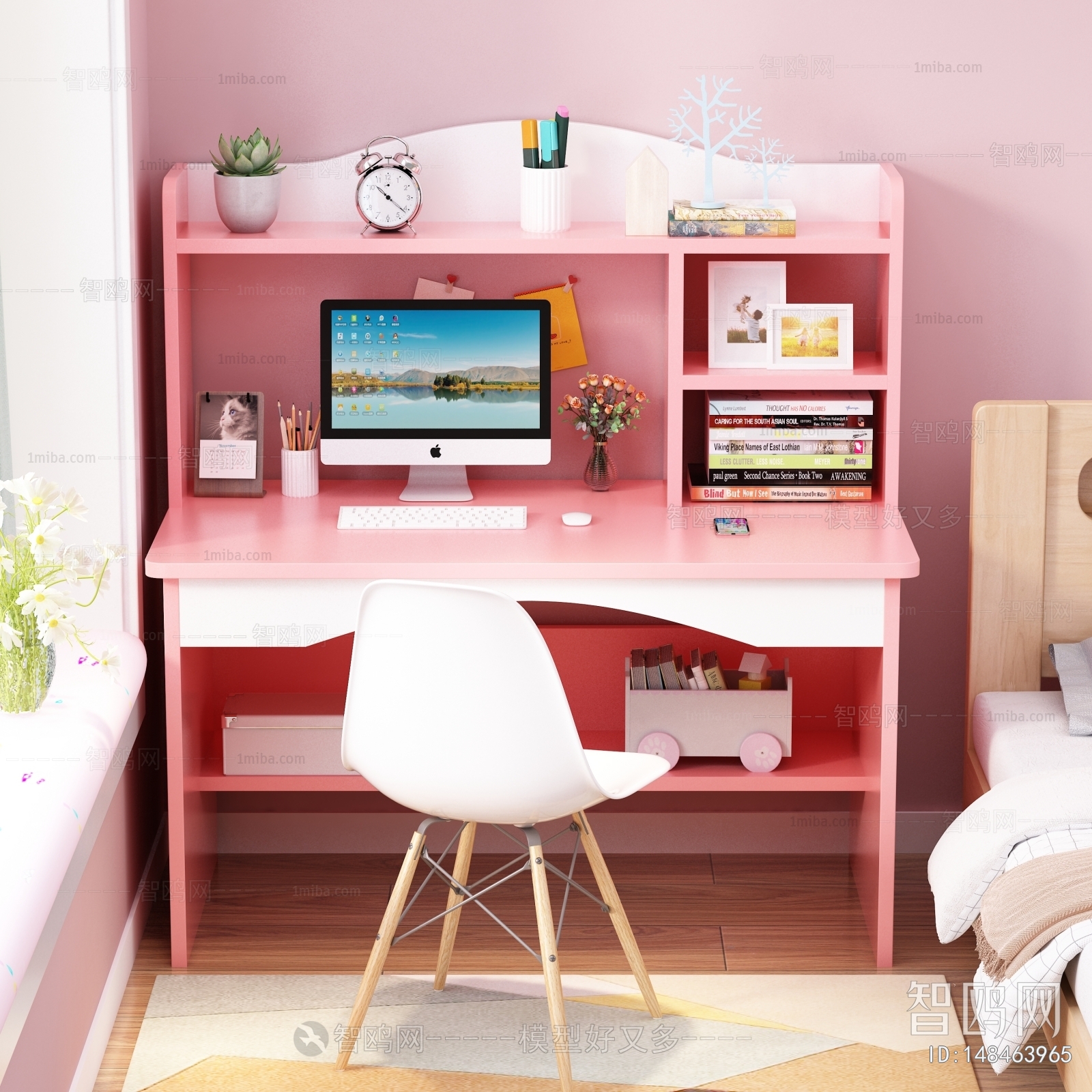 现代粉色儿童电脑桌椅组合