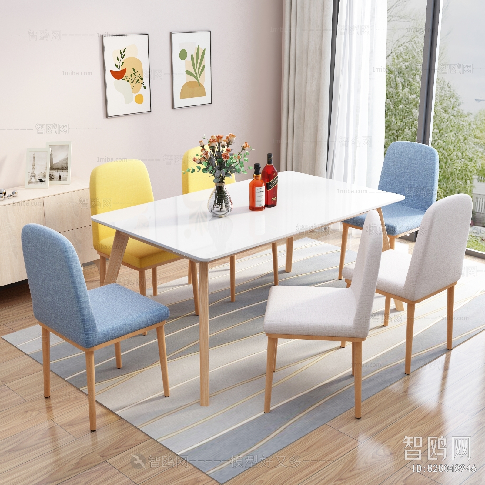 现代实木方形餐桌椅组合