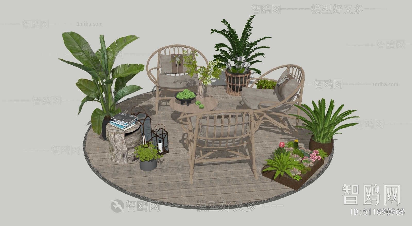 现代户外桌椅绿植花卉组合