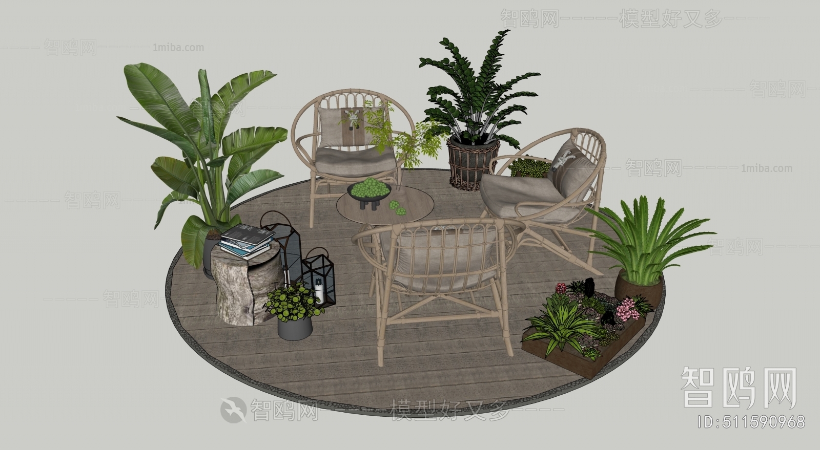 现代户外桌椅绿植花卉组合