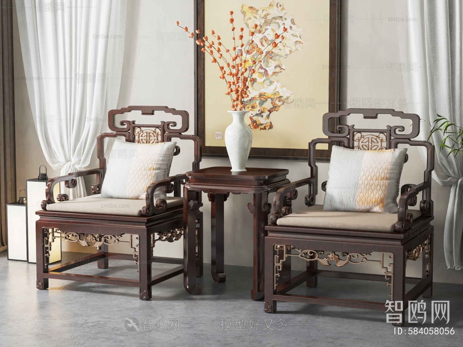 中式雕花休闲椅组合