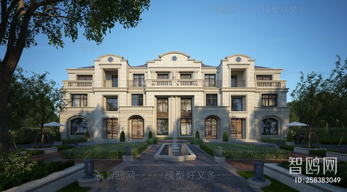 法式双拼景观别墅3D模型下载