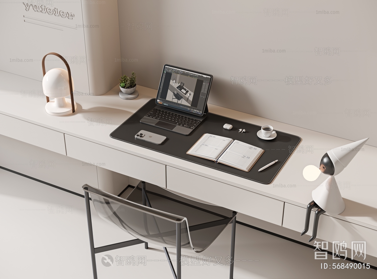 现代一体式书桌椅摆件组合3D模型下载