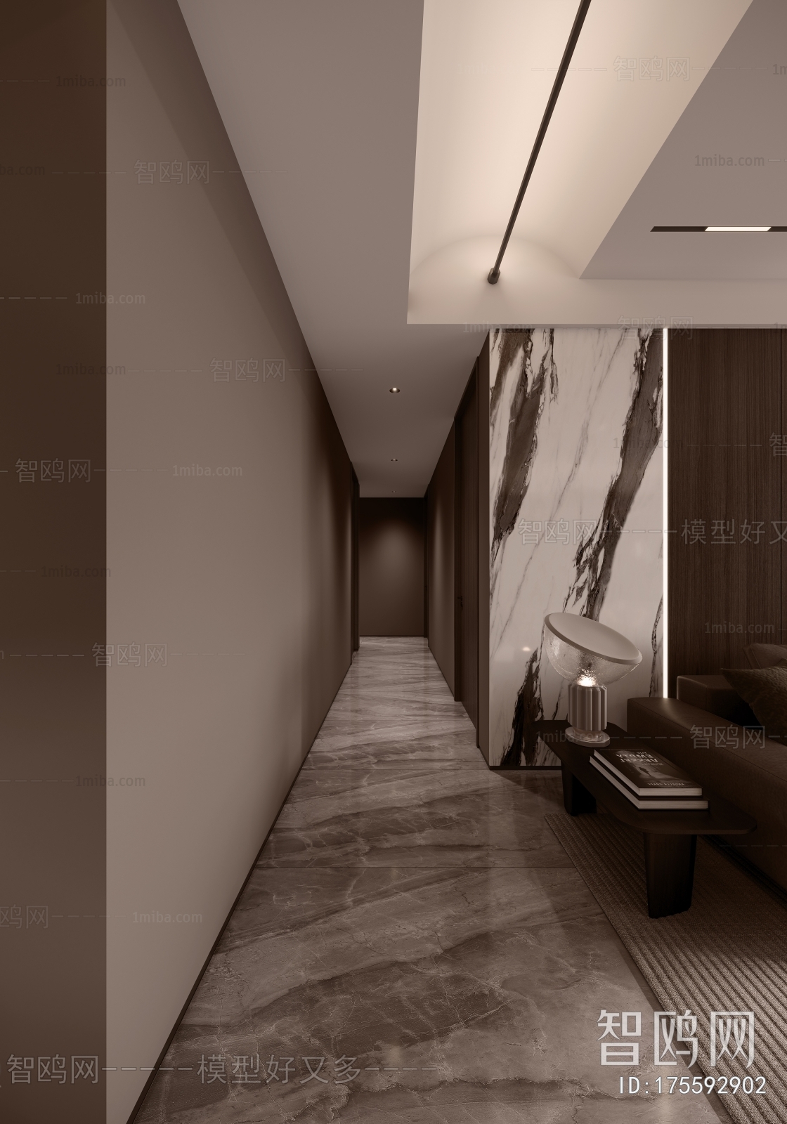 多场景-现代客厅+餐厅+过道3D模型下载